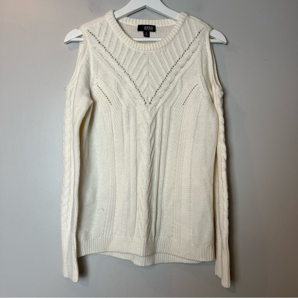 a.n.a. White Cable Knit Cold Shoulder Sweater‎ Medium